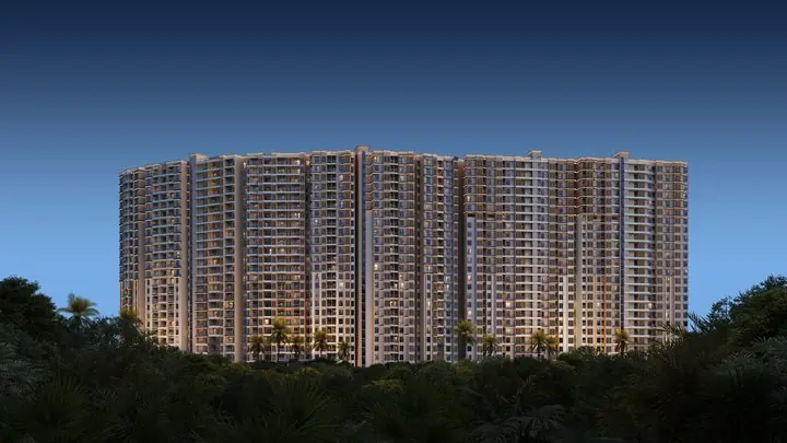 Prestige Parklane: The curved line of towers at dusk